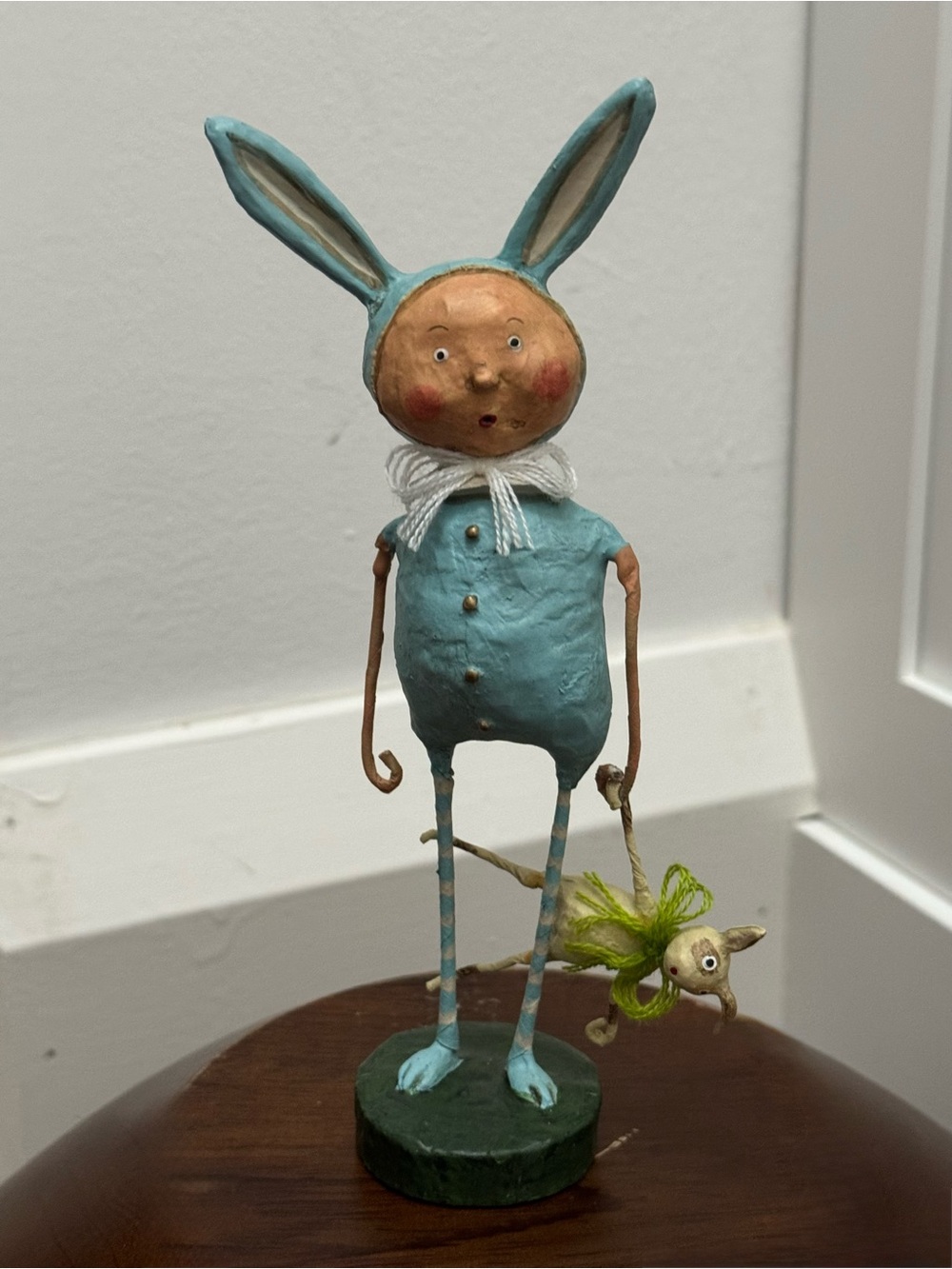 Lori C. Mitchell Blue Easter Bunny Figurine Holding Doll Signed